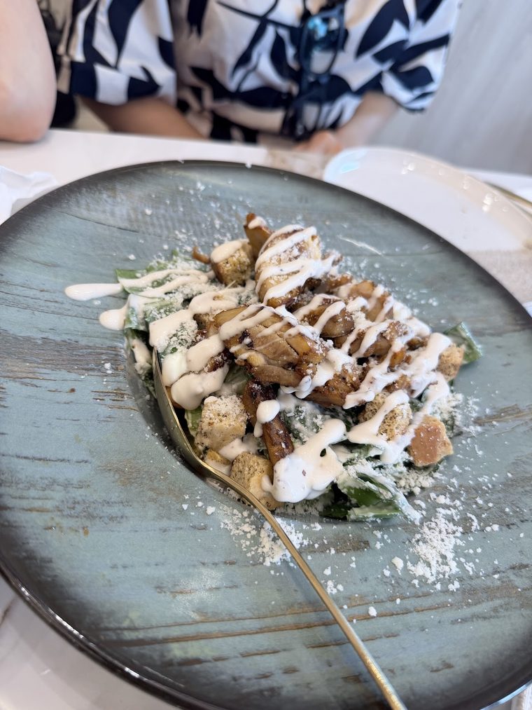Chicken salad with dressing and shaved cheese